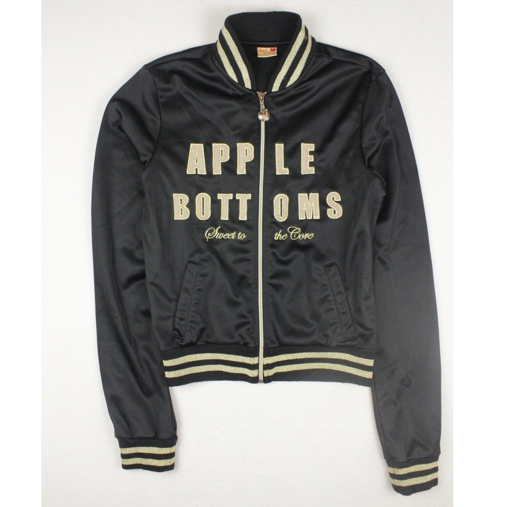 Apple Bottoms Jacket Womens S Black Gold Satin Bomber Y2K 2000s Hip Hop